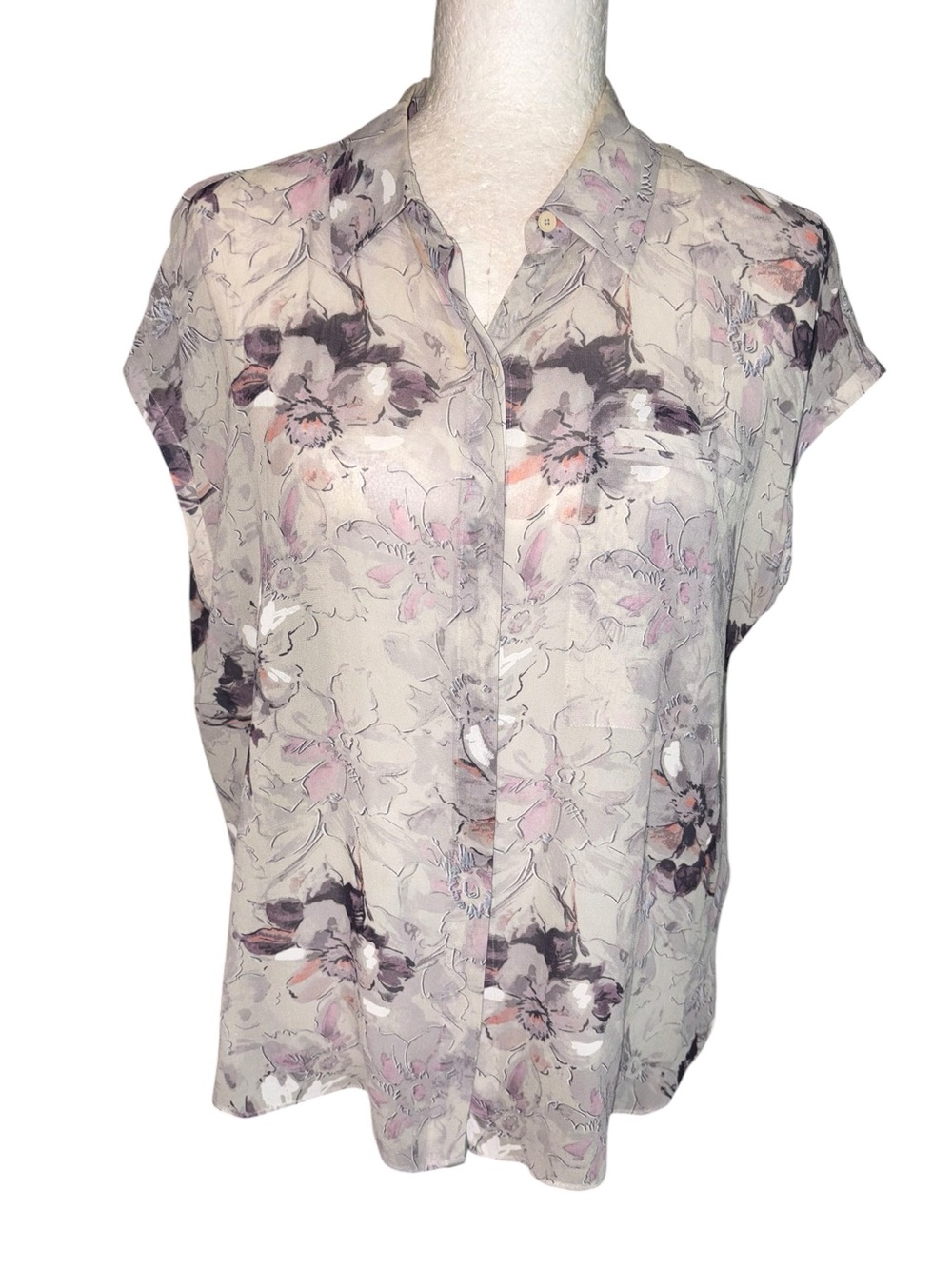 Rebecca Taylor Silk Gray Purple Floral Print Button Down Cap Sleeve Blouse - 6